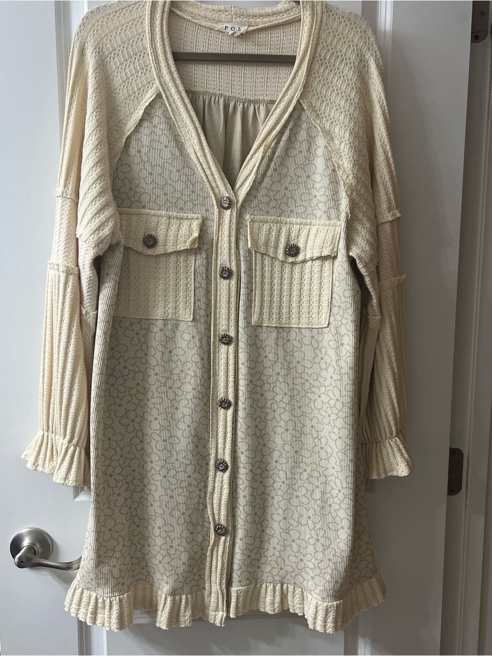 POL Ivory Cream Midi Cardigan Dress with Floral Jacquard